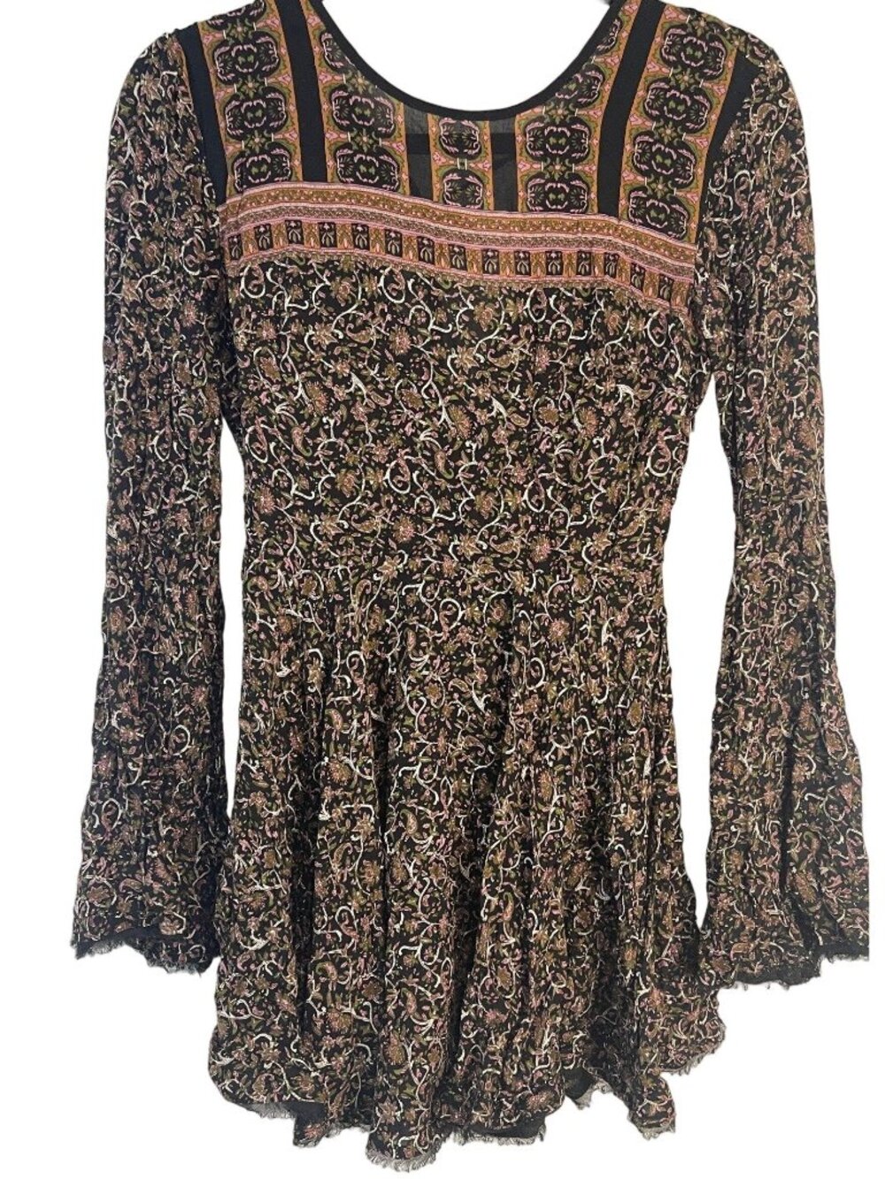 ecote long sleeve shirt blouse boho fringe floral black brown sheer tie READ